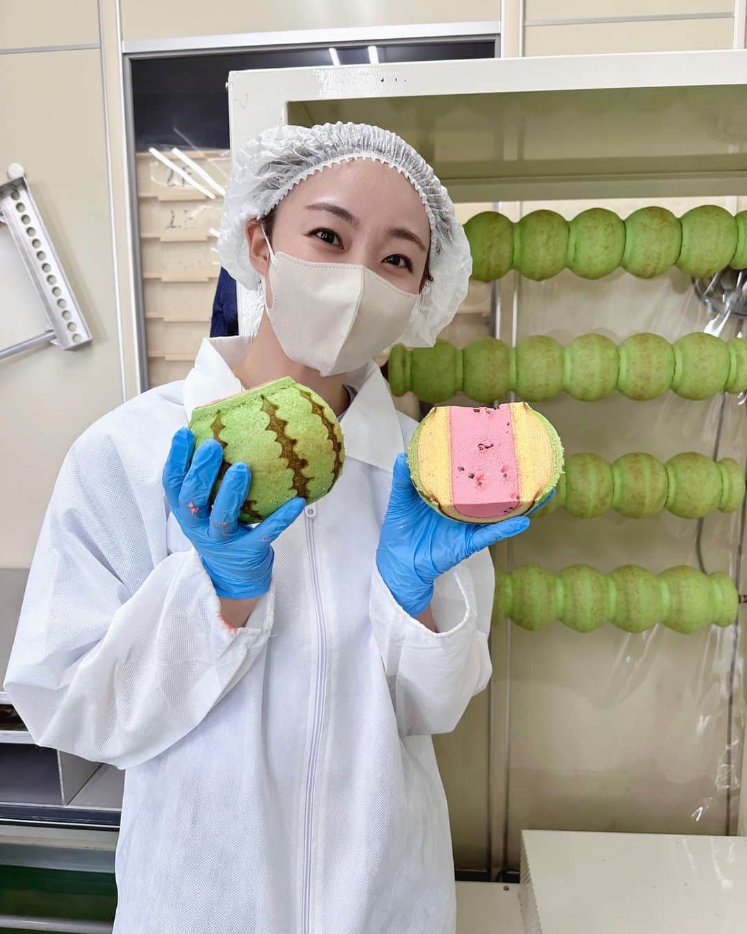 のインスタグラム：「. おとといの中継は、千葉県匝瑳市の「お菓子のたいよう」さんからでした🤲 見た目が本物そっくりで可愛いスイカのバウムクーヘン🍉 バウムクーヘンの作り方を初めて見たのですが、生地を焼いて、その上からまた生地を薄く重ねて、焼いて…を何度も何度も繰り返して層にしていくのでかなりの時間と労力が必要ですね🥹 中にはスイカのムースがぎっしりと！ スイカの種に見立てたチョコフレークもサクサクしていて美味しかったです！ (今回、特別に厨房に入らせていただきました🙇‍♀️)  #ZIP #NOWニッポン #15 #お菓子のたいよう  #すいかバウム  #バウムクーヘン」