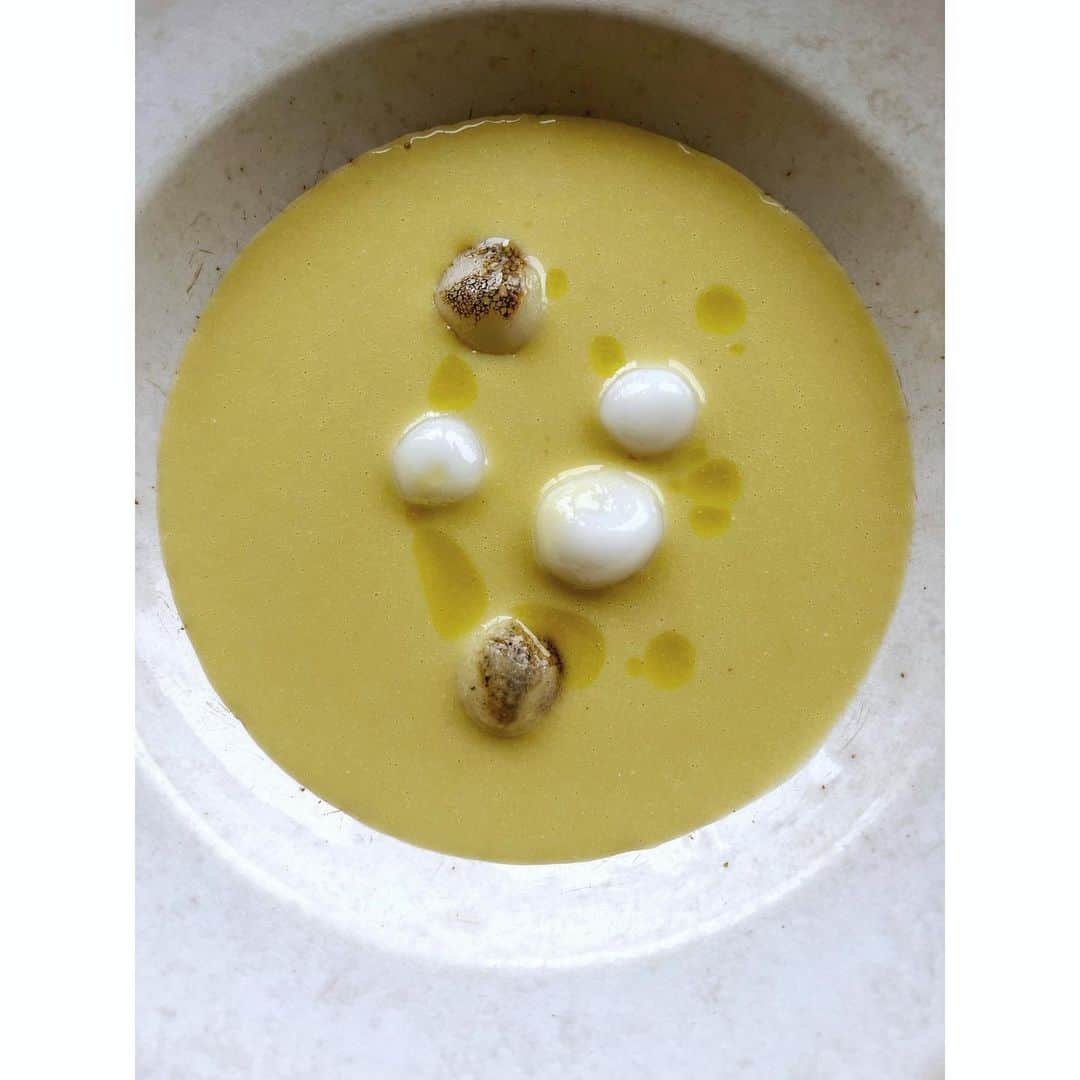冷水 希三子さんのインスタグラム写真 - (冷水 希三子Instagram)「芯で出汁をとったとうもろこしスープを冷やして、白玉を一緒に。 スープのじゃまをせずにツルんっと餅米の香り。 いくつかは白玉を炙って焼きもろこしのような香り。」7月1日 13時28分 - kincocyan