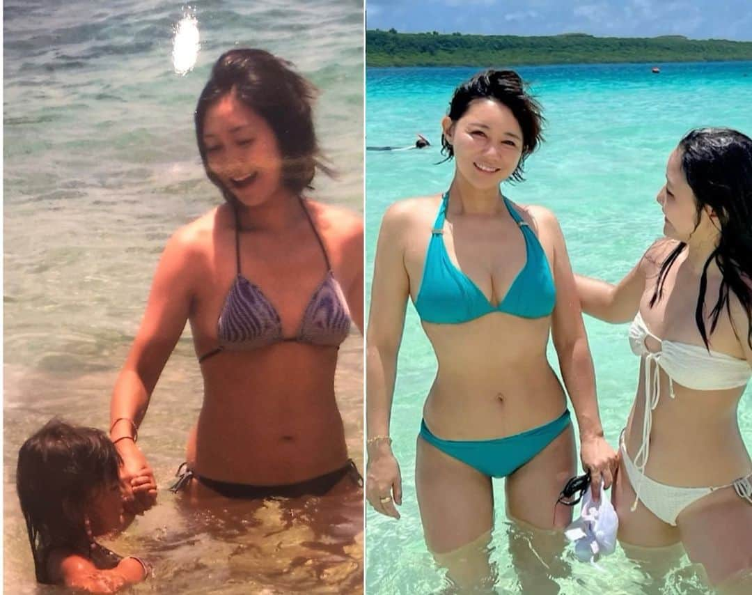 村田友美子さんのインスタグラム写真 - (村田友美子Instagram)「46歳になりました👍  誕生日は家族で宮古島に行ってきましたーーー。  ママスタイル本当に良くなったよね💕と娘に言われたので 3歳の娘と10歳の娘ととった時の写真と比べてみました👍  これぞまさに、、、 "進化母ちゃん🔥" 46歳の今が一番スタイルが良いという奇跡🤩  体重とか筋トレとかではない やり方を私自身のカラダで実験してメソッドを作ってきた証❤️  美しいくびれは痩せてできるものでも、ガチガチの筋トレでできるものでもなく、老化でなくなるものでもないということを 46歳の私が証明できたことがすごく嬉しい🤩  歳をとることが悪ではなく、 言い訳にもならないし、 全てが遺伝ではなく変えられる🤩 カラダ作りはある意味平等だと心の底から思います‼️  脚が太いのも胸がしぼんで垂れたり、あばらがうきでたり全体の頭身バランスが悪いのも絶対に変わらないと思っていた。 腰痛や偏頭痛、便秘も一生付き合っていくものだと思っていた。  でも違った‼️ ちゃんとカラダの決まりを守って続けていけば、骨が動いてきて脂肪や筋肉のつき方が変化していつのまにかメリハリや脚長、小顔が叶う❤️  気づけば不調ゼロ。 毎日、自分の都合で朝から晩までイライラガミガミしていた私がニコニコ、まあいっかとどんな時も思えるようになれたのはすごい‼️  これを読んでくれているみなさんのだれもが骨格を変えられる‼️  私はただこの凄さをみんなに体験してもらいたいだけなのだ🤩  #46歳になりました #娘の成長と共に母のカラダも進化 #体型は変えられる #骨格矯正 #姿勢改善 #くびれ #年齢は関係ない #ぼんきゅっぼんなカラダ #ユミコアボディ   #ユミコアオンライン #最高の誕生日 #5枚目の写真はユミコアスタート時から支えてくれた人たち #6枚目の写真は愛とやる気に溢れたユミコアバックオフィスメンバー #7枚目は娘が描いてくれた股関節の絵 #股関節の重要性を知ったらしい #ハートの仙骨 #みんなからのコメントもメッセージめ最高のプレゼント @onlineyumicore  @yumicorebodyofficial」7月1日 16時10分 - yumicorebody