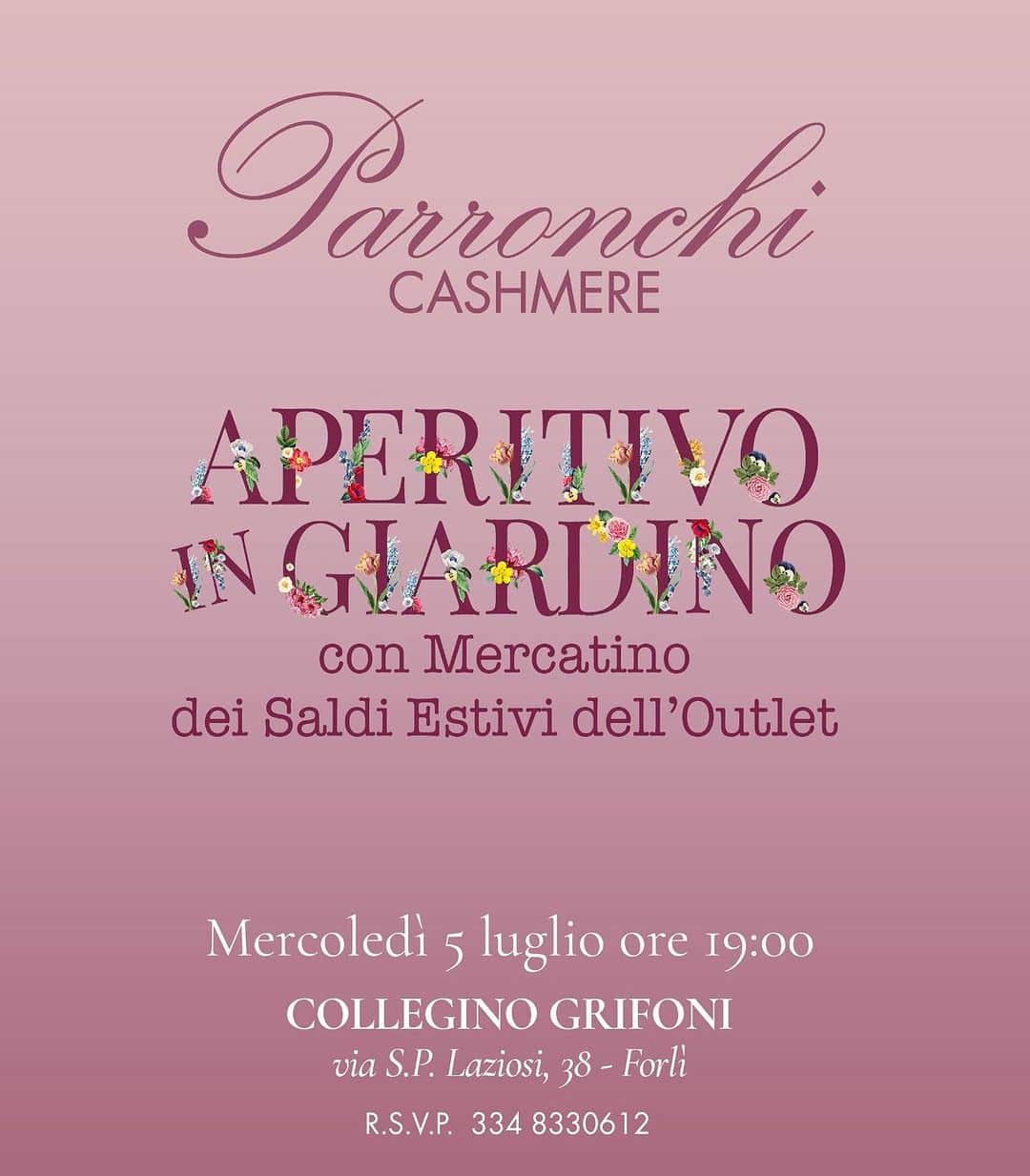 パロンキのインスタグラム：「Sei invitata ad un aperitivo di saluto in prossimità della nostra chiusura per pausa estiva dal 10 luglio al 10 settembre, brinderemo insieme all’estate ed alle vacanze nell’ accogliente giardino del Collegino Grifoni e sarà l’occasione per acquistare, se vorrai, i nostri capi estivi di fine serie  a prezzi scontatissimi nel mercatino allestito in giardino! Ci fa piacere averti nostra ospite, ti chiediamo solo di confermarci la tua presenza in chat o per telefono, grazie!   📲 334 8330612」