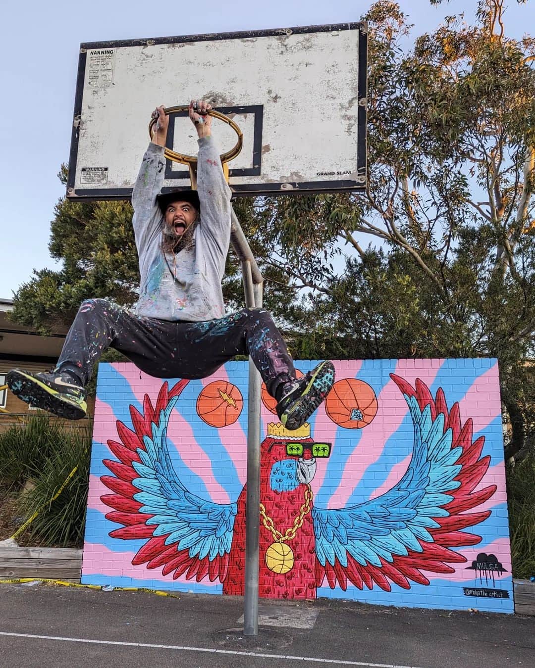 MULGAのインスタグラム：「Fun times painting a B-ball Rosella mural over 2 days at Lucas Heights Community School last week.⁣ ⁣ I did a celebratory dunk after I finished*.⁣ ⁣ The story of Randy the Rosella ⁣ ⁣ Once there was a Rosella called Randy and  he enjoyed playing basketball immensely and was actually pretty good at it. ⁣ ⁣ He rose to the pinnacle of the ABL (Aviary Basketball League) and won a few championships before a big scandal erupted and he was given a life ban from playing in ABL. ⁣ ⁣ The reason he was banned was because it was discovered that he was using his magical telekinetic powers to control the basketball in games. Basically whenever he took a shot he was able to telekinetically cause the ball to always go in the hoop. ⁣ ⁣ He didn't always have those powers and he only got them one day when he was rummaging around at his local dump and ate a radioactive gummy worm that he found. ⁣ ⁣ Anyhow, after he was banned he developed and toured a show around the country where he did heaps of cool telekinetic tricks and stuff. It was mad popular and kept him busy for years. ⁣ ⁣ The End ⁣ ⁣ *Not true.⁣ ⁣ #mulgatheartist #art #artistsoninstagram #artoftheday #artwork #artofinstagram #australianart #australianartist #artistic #muralartist #muralart #mural #muralist #artworking #painting #schoolmural #rosella #basketballart #rosellapainting」