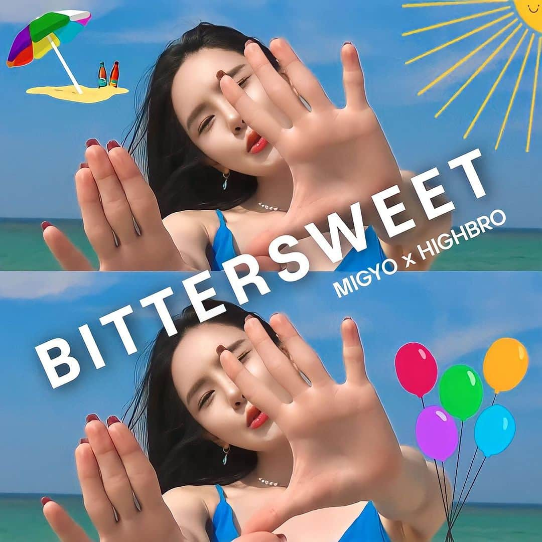 ダヘ のインスタグラム：「⠀ 안녕하세요! 미교입니다-!  오늘 방금 막!  신곡 #Bittersweet 이 발매되었어요!  이번 신곡은 장미여관의 기타와 베이스를  맡았던 배상재 오빠와 윤장현님이 주축인  하이브로 밴드와 함께한 멋진 콜라보 앨범이에요💙 ⠀ 앨범 준비를 하는 동안에 즐겁게 촬영하고  기대하며 얼른 공개하고 싶었던 만큼  여러분들이 많이 사랑해 주시면  참 행복할 거 같아요ㅎㅎ🥹 ⠀ 더운 여름을 시원하게 즐길 수 있는 곡이니  많이 많이 들어주시고 사랑해 주세요💙💙  감사합니다🩵 ⠀ (제 노래라서가 아니라  진짜 노래가 좋아요👍🏻) ⠀ #미교 #하이브로 #Bittersweet #여름노래」