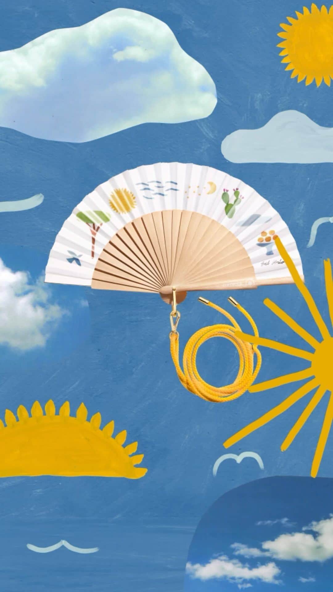ディプティックのインスタグラム：「The perfect summer accessory! Ready to be scented with Ilio, this fan is the ideal companion for hot summer days. The artist Erik Winkowski decorated its cotton leaf and limited-edition box with original illustrations and Mediterranean motifs. A stylised, colourful statement that illustrates the authenticity of nature in the summertime. #diptyque #diptyquesummercollection #summeressentials」