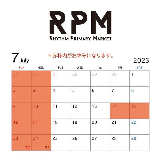 アールエフダブリューのインスタグラム：「【RPM INFORMATION】  梅雨明けが待たれる今日この頃ですがいかがお過ごしでしょうか。  7月はイベントや祝日等があり、休みが不定期になります。 オンラインは通常営業しております。 ご迷惑をおかけしますが、ご確認のほどよろしくお願いいたします。  只今、オンラインショップでアウトレット＆サンプルセール開催中です。 サイズがあれば大変お買い得となっております。 是非この機会に覗いてみてくださいね。  ————————————————————  RFW ONLINE SHOP 【OUTLET & SAMPLE】 会場 https://www.rhythmtokyo.com/shopbrand/outletsample  RFW ONLINE SHOP 【SALE!!!】 会場 https://www.rhythmtokyo.com/view/category/ct55  ONLINE SHOPトップページに期間中、CATEGORY(カテゴリー)内に【OUTLET SAMPLE】 の文字が表示されております。  【OUTLET SAMPLE】 の文字は6月29日(木) 10:00~7月18日(火) 23:59の間のみ表示されます。  ご不明な点がございましたら、お気軽にお問い合わせください。  ————————————————————  2023年7月のRPM店舗の休業日は以下の通りです。 Closing dates of July are as follows:  7月2日(日) 7月3日(月) 7月9日(日) 7月10日(月) 7月14日(金) 7月15日(土) 7月16日(日) 7月17日(月) 7月23日(日) 7月24日(月) 7月30日(日) 7月31日(月)  営業時間は12時～19時までとなります。 Opening hours from 12:00 to 19:00  ————————————————————  RPM-RHYTHM PRIMARY MARKET 151-0063東京都渋谷区富ヶ谷1-6-9荒木ビル2F 2F,Araki Building,1-6-9Tomigaya Shibuya-ku,Tokyo,151-0063 Tel 03-6804-7283 shop@rfwtokyo.com www.rfwtokyo.com  ————————————————————  #rfwtokyo  #rfw  #rhythmfootwear  #sneakers  #kicks  #shoe #shoes #boots  #sandal #靴屋 #靴 #スニーカー #サンダル #代々木公園 #代々木八幡  #7月 #july #fashion #ファッション #セール #サマーセール #アウトレット #outlet #sale #sample #サンプル #サンプルセール」
