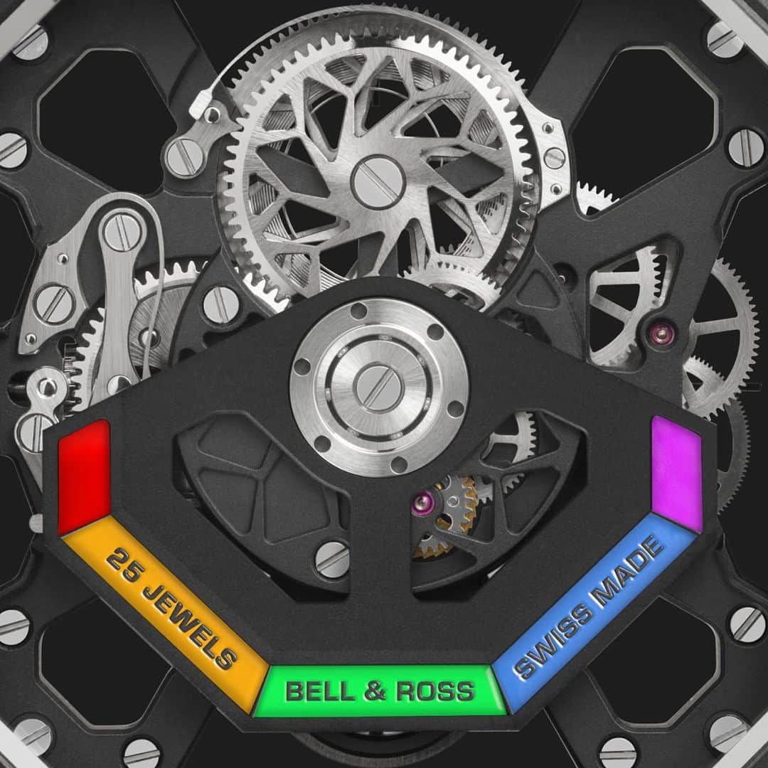 ベル&ロスのインスタグラム：「The black DLC titanium case of the BR 03 Cyber Rainbow contains a 3D skeleton movement with an exceptional caliber that has been specially developed for this unique timepiece and features a self winding system providing a reliable power reserve of 48 hours.  To be auctioned at Only Watch 2023 on 5th November at Palexpo in Geneva. Discover more on www.onlywatch.com/bell-ross  #bellross #timeinstruments #BR03 #BROnlyWatch #OnlyWatch」