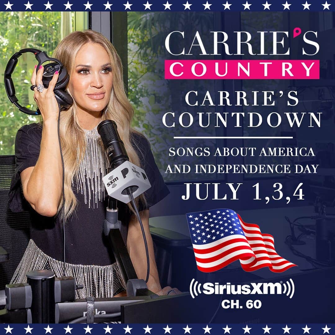 キャリー・アンダーウッドのインスタグラム：「Tune in to @carriescountry starting today and throughout the weekend to hear some of @carrieunderwood’s favorite patriotic songs in celebration of the 4th of July! What is your favorite song about the red, white and blue? 🇺🇸 ▶️ siriusxm.us/CarriesCountry   Carrie’s Countdown air times (CT): 🔊 Saturday, July 1 at 11am, 3pm, 7pm 🔊 Monday, July 3 at 12pm, 5pm, 9pm 🔊 Tuesday, July 4 at 10am, 2pm, 6pm」