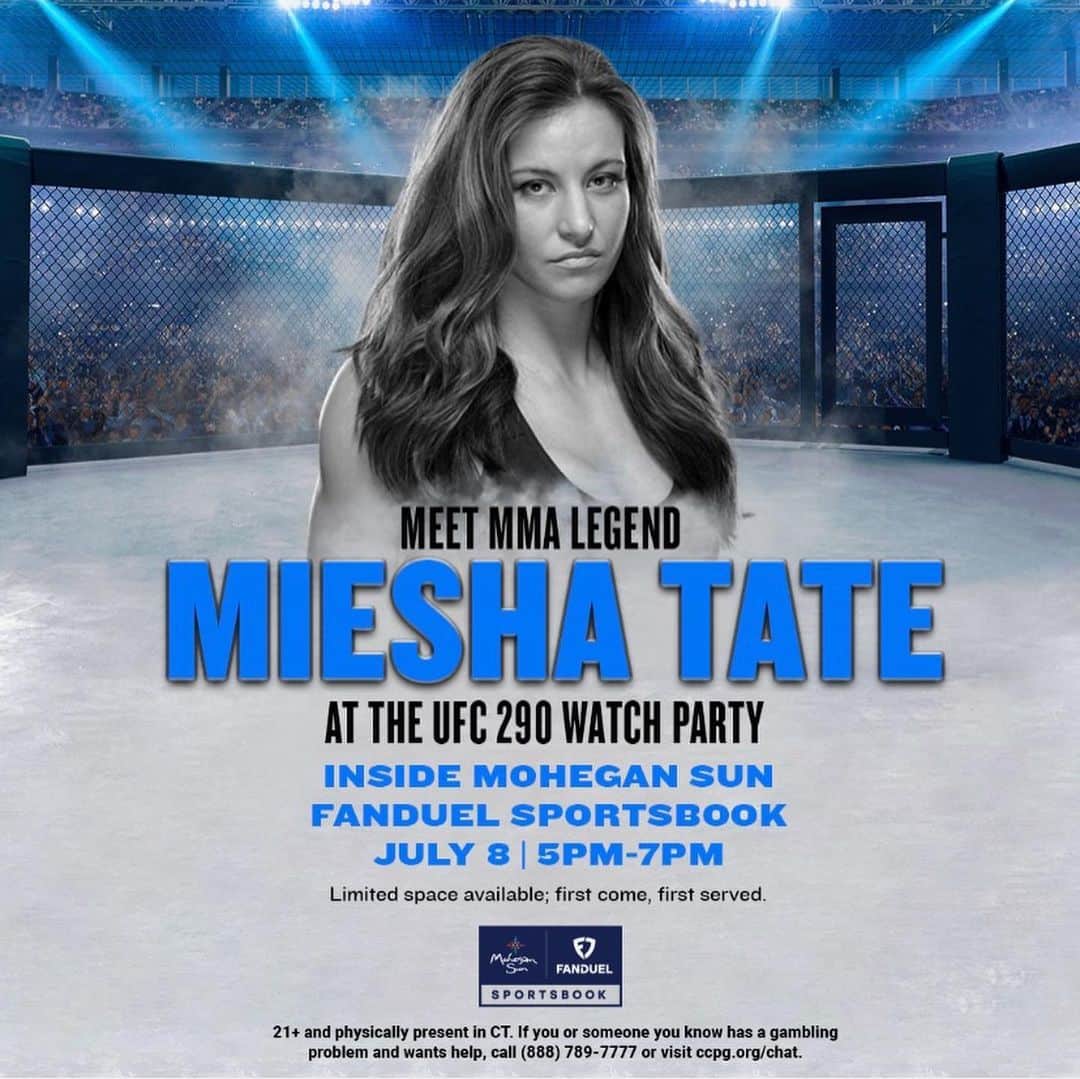 ミーシャ・テイトのインスタグラム：「East Coast Loves, Here I come! See you July 8th at the @mohegansun with @fdsportsbook.  It looks like #washingtonstate will be in the house! @mighty   For all Info / Registration:   Fanduel.com/mmaevents  #ufcappearance #ufc #ufc290 #ufcwatchparty #meetandgreet #mieshatate #demetriusjohnson #connecticut」