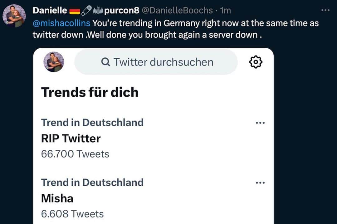 ミーシャ・コリンズのインスタグラム：「Twitter is down right now… Coincidence? Can we make a case here that you guys broke @Twitter? #TwitterDown  Text me!   (323) 405-9939  LINK IN BIO  #spn #spnfamily #supernatural」