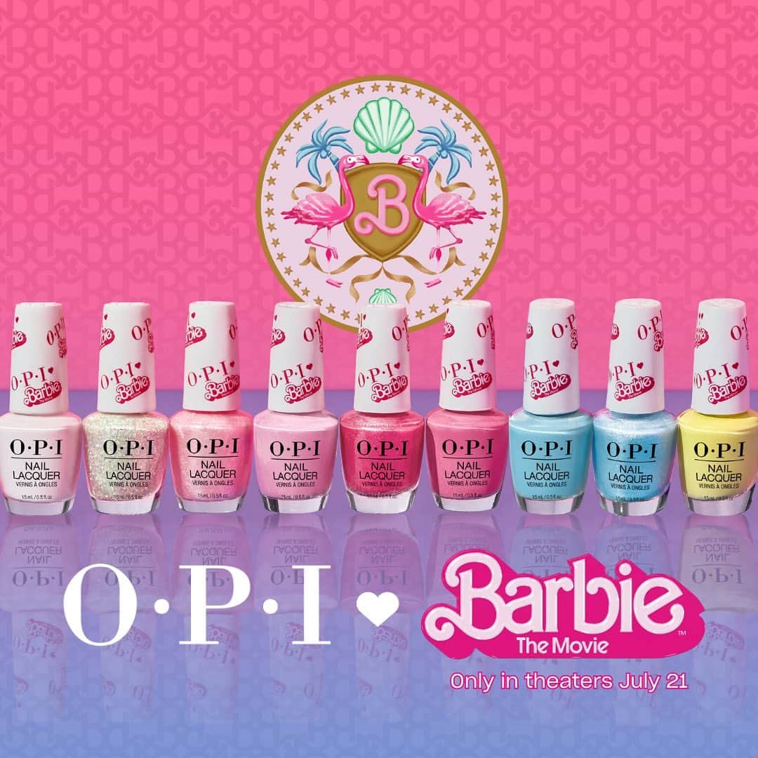 OPIのインスタグラム：「Introducing literally the most glam collab with the new movie, BARBIE. 💅 Exclusive shimmers, glitters, and crèmes in iconic Barbie pinks, neutrals, blues, and yellow will glam you UP like Barbie. Or Ken. Or both. You do hue. 😉  See the new movie, Barbie, only in theaters July 21.   #OPIxBarbieTheMovie」