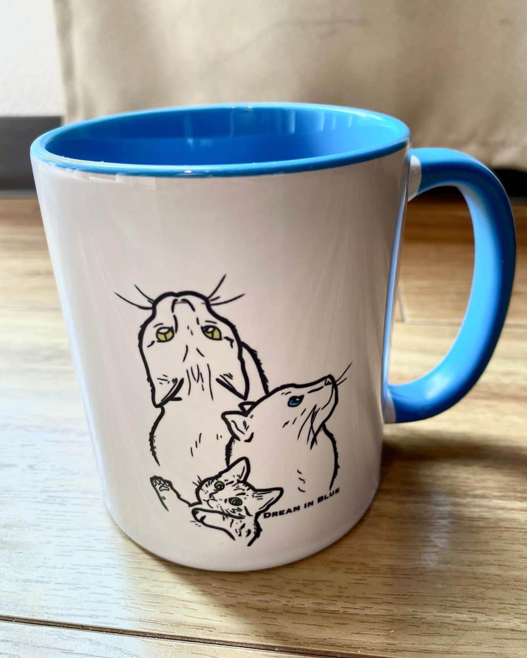辻本祐樹のインスタグラム：「愛猫、タイガー、ナイト、サンを描いた2トーンマグカップ☆  ぜひ手にとって、「ほっ」と一息ついてください。  #猫 #猫グッズ #辻本祐樹のグッズ  #マグカップ #猫がいる幸せ #絵画 #コップ   DREAM IN BLUE 通販サイト ↓ https://dreaminblue.base.shop/」