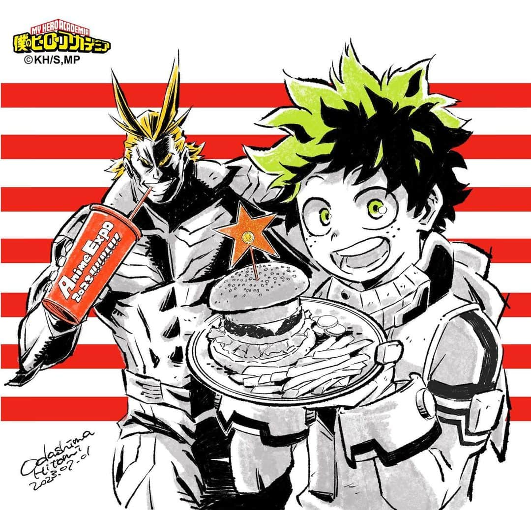 僕のヒーローアカデミアのインスタグラム：「For everyone who came to see the #TOHOanimation panel at #AnimeExpo2023, we have released a special art of "#MyHeroAcademia" Deku & Allmight drawn by Hitomi Odashima!   『#僕のヒーローアカデミア』キャラクターデザインを務める #小田嶋瞳 さんが、アメリカLAで開催中のAnimeExpo2023 のために描いてくれたスペシャルイラストを公開！  #ヒロアカ #heroaca_a アニメ #anime #漫画 #マンガ #堀越耕平 #koheihorikoshi #comic #週刊少年ジャンプ #shonenjump #ヒーロー #HERO #ヴィラン #VILLAIN」