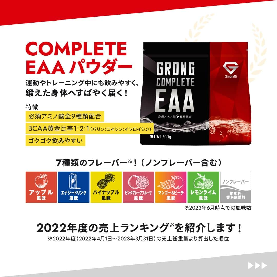 GronG(グロング)さんのインスタグラム写真 - (GronG(グロング)Instagram)「. 皆さんの好きなフレーバーもぜひコメントで教えてください🤩  【COMPLETE EAAパウダー売上ランキング】  EAAとは？ Essential Amino Acidsの略で、必須アミノ酸のことを言います☝🏻 COMPLETE EAAパウダーにも必須アミノ酸、全9種類が配合されています🥤  アミノ酸とプロテインの大きな違いは、吸収速度です💨 運動の前後などで素早くタンパク質（アミノ酸）の補給をしたいときにEAAがオススメです！ アミノ酸として補給するもう一つのメリットは、必要なアミノ酸を選択して摂れるということです🥤 必要に応じてプロテインとEAAを効率的に飲み分けられている方は上級者ですね✨  今回は昨年度（2022.4.1～2023.3.31）のCOMPLETE EAAパウダー売上ランキングを発表しています。 風味選びの参考にしてみてください♪ いつでも見返せるように保存🔖しておくと便利です☆  #GronG #グロング #プロテイン #プロテインおすすめ #プロテインおいしい #プロテイン初心者  #プロテイン摂取  #おすすめプロテイン #タンパク質 #たんぱく質 #タンパク質摂取 #タンパク質補給 #たんぱく質摂取 #タンパク質大事 #たんぱく質補給 #たんぱく質大事 #サプリメント #サプリ #アミノ酸 #BCAA #EAA #フレーバー #人気 #ランキング #グロングフレーバーランキング」7月2日 12時00分 - grong.jp