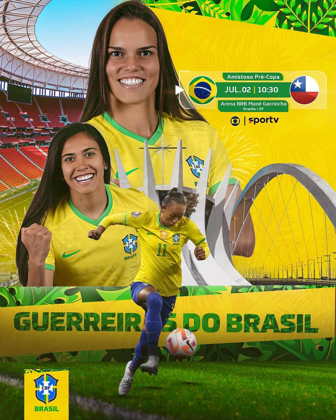 のインスタグラム：「HOJE TEM SELEÇÃO FEMININA EM CAMPO! 🇧🇷  Nosso último amistoso antes da Copa do Mundo! Hora de deixar sua mensagem positiva nos comentários! Vamos com tudo! PRA CIMA, BRASIL! 💪  🇧🇷 x 🇨🇱 🗓️ 02/07 - 10h30 🏟️ Arena BRB Mané Garrincha 🎟️ Link dos ingressos nos stories」