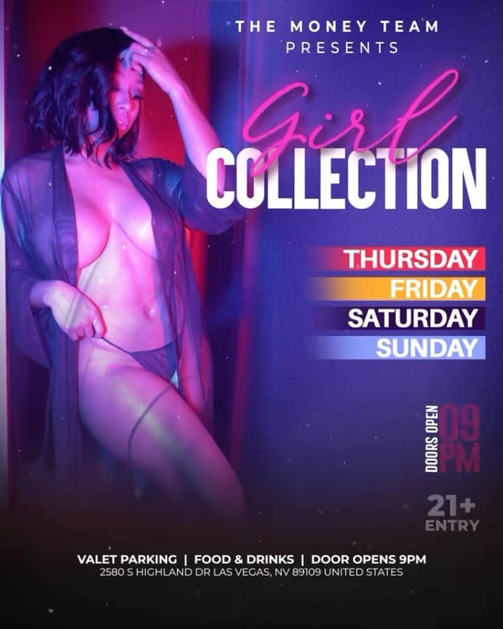 フロイド・メイウェザー・ジュニアのインスタグラム：「GIRL COLLECTION IS THE PLACE TO BE IN VEGAS ALL WEEKEND LONG  DOOR OPENS @ 9:00pm   •THURSDAY •FRIDAY •SATURDAY •SUNDAY  Must be 21 To Enter.  Ladies are welcome with or without male companion.  Come party at the best most luxurious venue in Las Vegas “Girl Collection”  GIRL COLLECTION 2580 S Highland Dr Las Vegas, NV 89109 1 -(844) 447-5758  #GirlCollection  @girl.collection_lv」