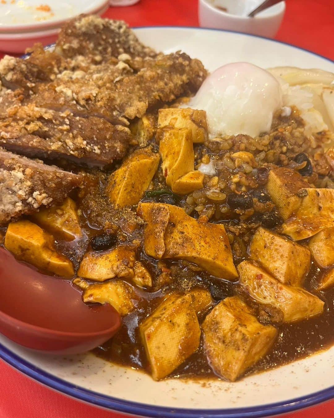 秋元康のインスタグラム：「#墨田区#台湾料理#緑町生駒  「麻婆カレー飯　排骨のせ」 「皿しゅうまい」 「皿パンチ」  インパクトがありすぎる。でも、この三品は絶対に食べてみてください。」