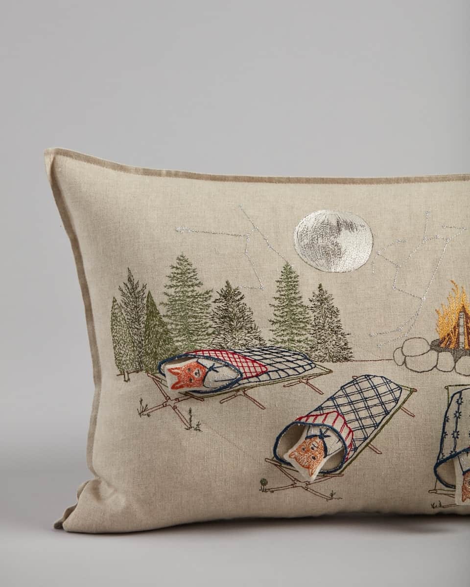 コーラル アンド タスクのインスタグラム：「Our Camping Collection is inspired by the all-encompassing landscape of Stephanie’s Western Wyoming home. Each design embraces the feeling of being outdoors and reconnecting with nature. This pillow is inspired by a clear night out in the wilderness where the sky becomes a dazzling pattern of stars, planets, and meteor showers. #coralandtusk #stargazers」