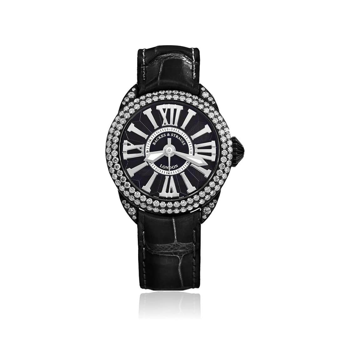 バックス＆ストラウスのインスタグラム：「The Piccadilly Diamond Knight 33 features 115, individually set, Ideal Cut diamonds scintillating from a black dial.」