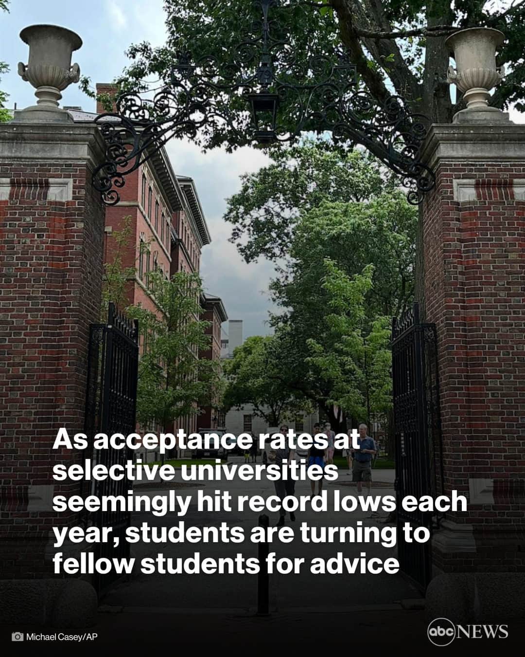 ABC Newsのインスタグラム：「As acceptance rates at selective universities seemingly hit record lows each year, anxiety over the college admissions process only continues to increase, inspiring students to turn to fellow students for advice. More in link in bio.」