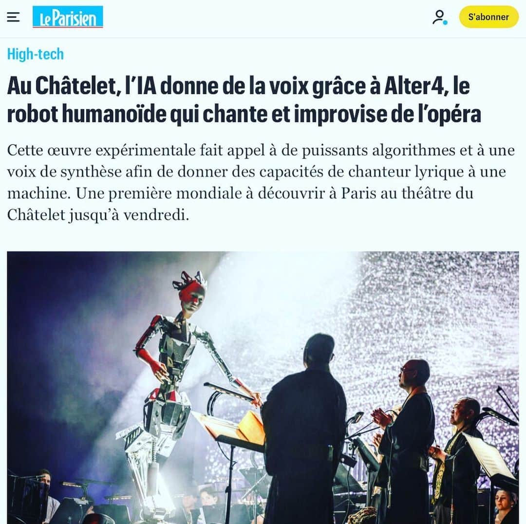 渋谷慶一郎のインスタグラム：「Thank you @leparisien “Cette œuvre expérimentale fait appel à de puissants algorithmes et à une voix de synthèse afin de donner des capacités de chanteur lyrique à une machine. Une première mondiale à découvrir à Paris au théâtre du Châtelet jusqu’à vendredi.”」