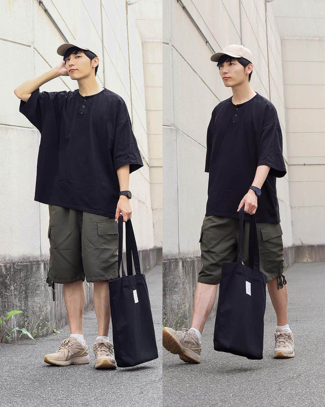 ひっちさんのインスタグラム写真 - (ひっちInstagram)「📓black × khaki 📗 他投稿はこちら▶ @hicchiwear  ⠀  ⠀ ー着用アイテム ー  TOPS  #RUUBON  PANTS @nido_tokyo  キャップ #CONVERSE × #WEGO  スニーカー #newblance  BAG #remer   ┈┈┈┈┈┈┈┈┈┈  しまむらとのコラボアイテムのハーフパンツを着用しました。  このハーフパンツは裾部分に デザインあるからトップスが無地だとしてもどんなコーデにも合わせやすい!!  NIDOの新商品がしまむらの店舗にて 販売してるみたいだから、チェックしてみて✔  ┈┈┈┈┈┈┈┈┈┈ #しまむら #しまパト #NIDO #NIDO_tokyo #NIDO_cd #ニド #真夏コーデ  #ニューバランスコーデ #ハーフパンツコーデ #韓国ファッションメンズ  #韓国ファッションコーデ #韓国メンズコーデ #韓国くん #韓国メンズストリート  #ストリートコーデ #ストリート男子 #夏コーデ #学生コーデ #トレンドコーデ #メンズコーデ #モテコーデ #ハーフパンツ #カーキパンツコーデ  #カーキパンツ v」7月2日 17時56分 - hicchiwear