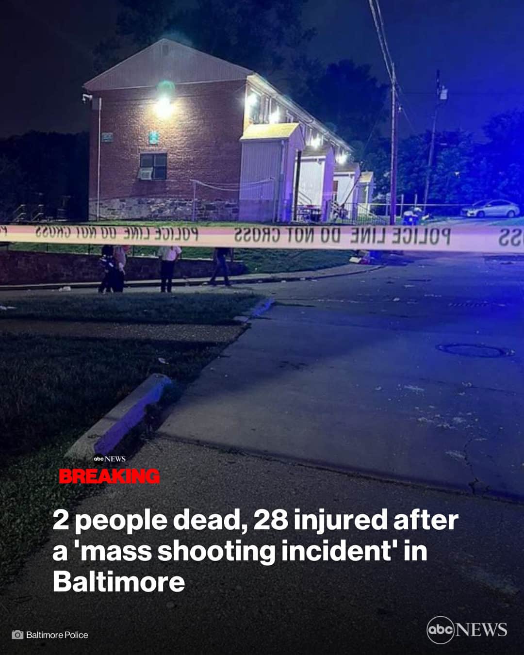 ABC Newsのインスタグラム：「BREAKING: Two people have died and 28 are injured after a mass shooting at a block party in Baltimore, police say. Tap link in bio for latest.」