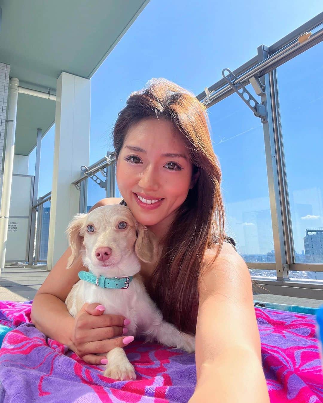 Azusaのインスタグラム：「🐶☀️🚿  最近私のお客さんたちと流行中のバルコニー日焼け、私もデビューしました🤣 大会前忙しくなって日サロいくよりワンコとも過ごせるし幸せ感じられて嬉しい☺️笑  ⁡ ⁡ #workout#fitness#fitnessbikini#bikinifitness#fitnessmotivation#personaltrainer#fitgirl#筋トレ女子#パーソナルトレーナー#ボディメイク女子#ボディメイク#いぬのいる暮らし」