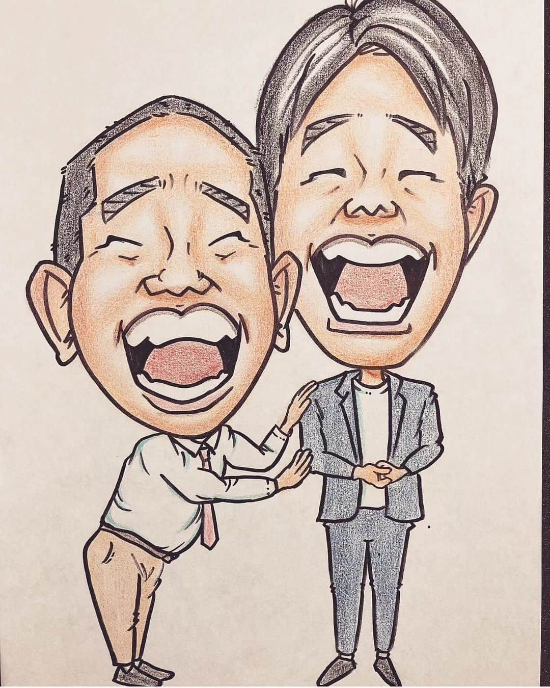 松本康太さんのインスタグラム写真 - (松本康太Instagram)「似顔絵イラストを描いていただきましたo(^o^)o 二人の顔そっくりバージョンありがとうございます！　  #似顔絵#イラスト#笑顔#きれいな歯#レギュラー#あるある探検隊#あるある展覧会」7月2日 21時45分 - aruarutankentai.matsumoto