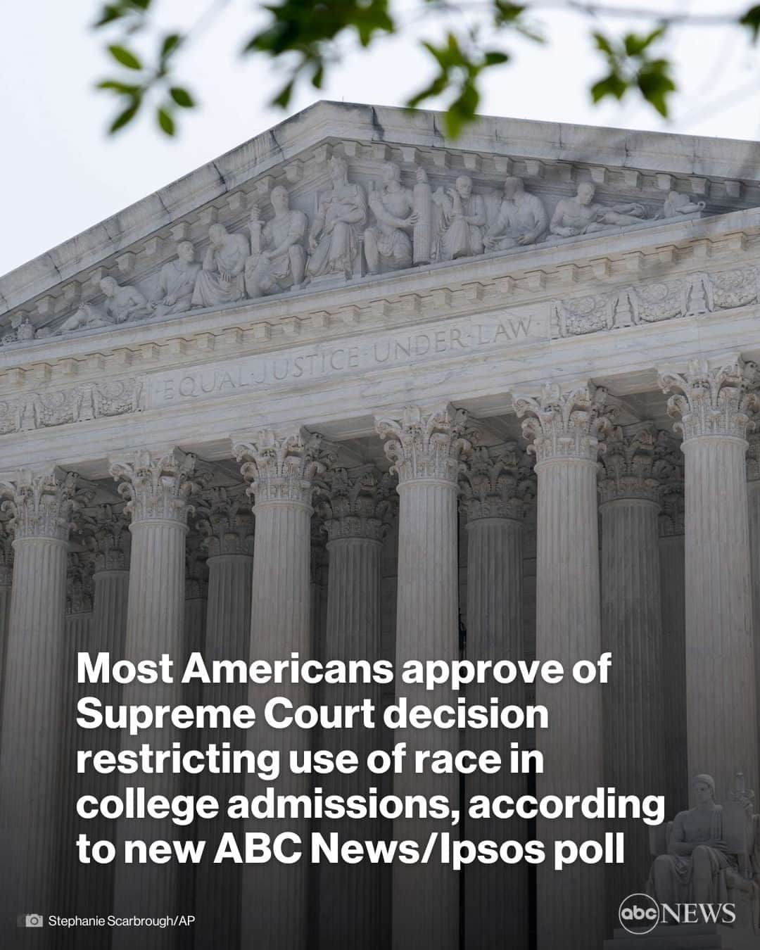 ABC Newsのインスタグラム：「52% of Americans approve of the Supreme Court's affirmative action ruling. A majority also see the court as driven more by politics than law, according to a new ABC News/Ipsos poll.  More in link in bio.」