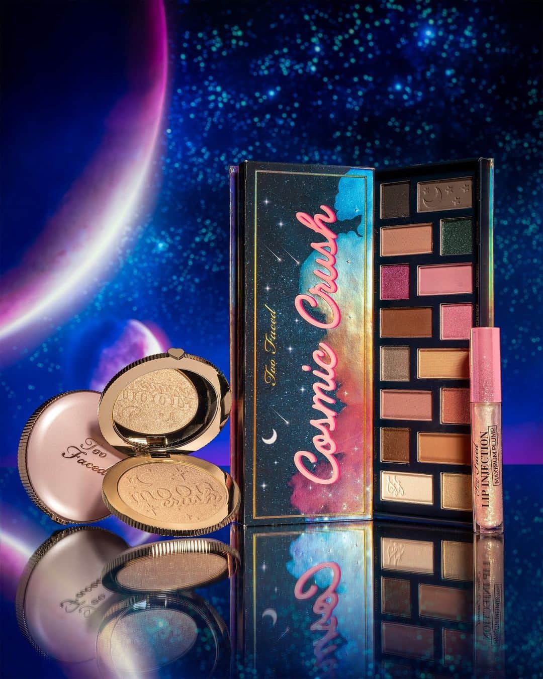 Too Facedのインスタグラム：「Get Ready For Take Off! 🚀💫💖 Own the night & take over the glam galaxy with our NEW Cosmic Crush Eye Shadow Palette, Moon Crush Highlighters, and a limited edition shade of our Lip Injection Maximum Plump shade Cosmic Crush! ✨ Tap to shop or shop now on toofaced.com! #toofaced #tfcrueltyfree」