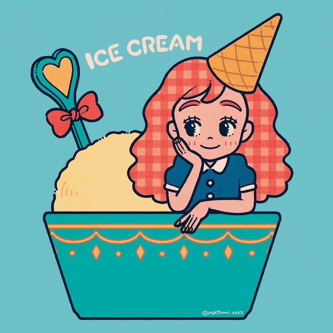ヨシダナツミのインスタグラム：「. 『ice cream』  今日7/3はソフトクリームの日らしいです🍦 あちゃ〜  .  #illustration #illustrator #art #drawing #絵 #イラスト」