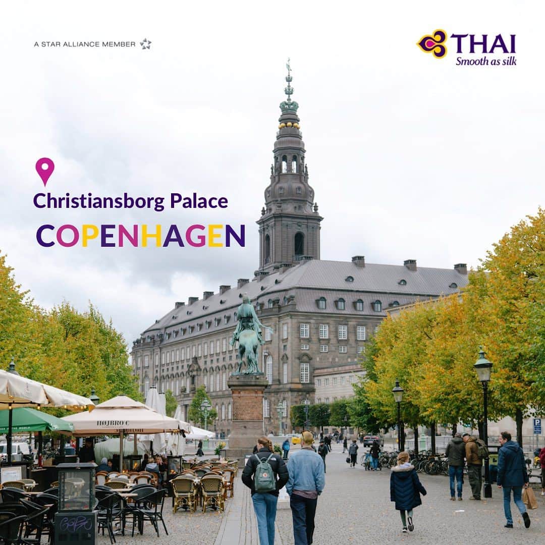 タイ航空のインスタグラム：「Immerse yourself in the captivating grandeur of Christiansborg Palace, where Danish history unfolds before your eyes. This enchanting masterpiece stands as a testament to centuries of royal heritage and cultural significance. Lose yourself in the intricate details of the magnificent architecture, as every corner whispers tales of power, artistry, and opulence. Step into a time capsule where elegance meets history, and allow yourself to be transported to a bygone era of splendor. Don't miss the chance to witness the crown jewel of Copenhagen's architectural marvels.   Fly with Thai Airways and Step into Danish History! 👉 thaiairways.com or click link our bio.  #thaiairways #smoothasilk #copenhagen #denmark #ChristiansborgPalace #RoyalHeritage #TimelessElegance #CopenhagenExploration #PalaceWanderlust」