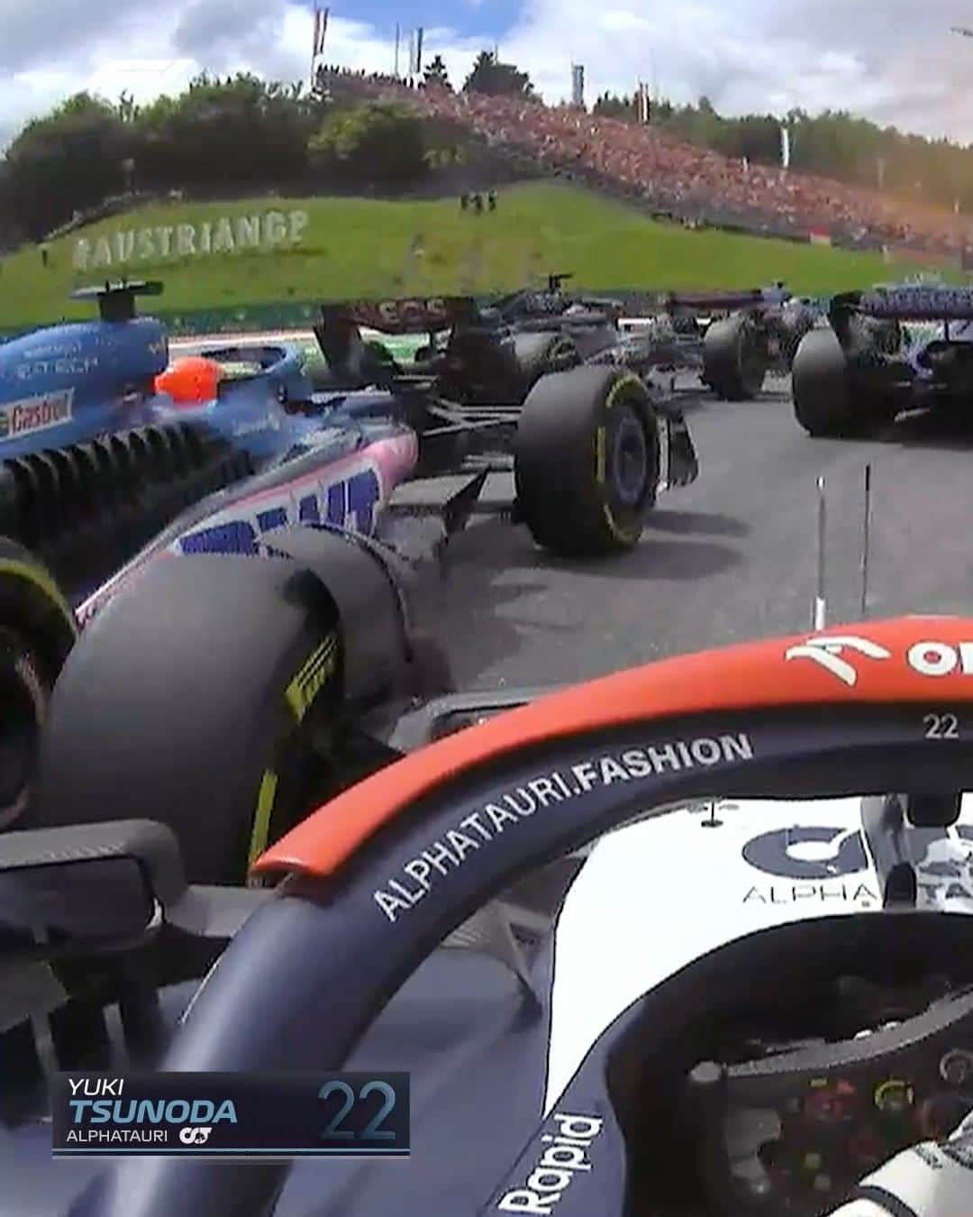F1のインスタグラム：「An eventful opening lap for Yuki 😬  @yukitsunoda0511 takes some damage before hitting the gravel at the Red Bull Ring 🇦🇹  #F1 #Formula1 #AustrianGP」