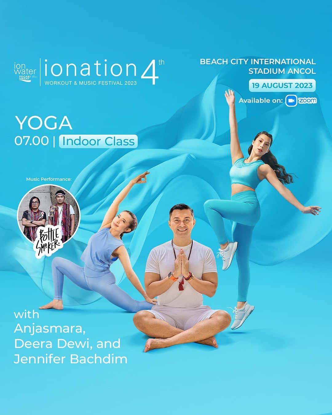 Jennifer Bachdimのインスタグラム：「Join our Yoga Class together with @anjasmara, @deeradewi, and @jenniferbachdim at 07:00 WIB, along with our exciting music performance from @bottlesmoker at #IONATION2023 - Workout & Music Festival by @ionwaterid.  Mark your calendar on 19 August 2023 at Beach City International Stadium, Ancol. Virtual class also available via Zoom!  Daftar sekarang hanya di www.ionwater.id atau via link di bio @ionwaterid. Kamu juga bisa ikutan kelas lain seperti Body Combat, Dance, LIIT, Zumba, dan berbagai Outdoor Workout Classes seru lainnya loh! Don't miss it 🔥  See you at IONATION 2023💙  #IONWater #IONWaterID #IAmLowCalorie #IONATION2023」
