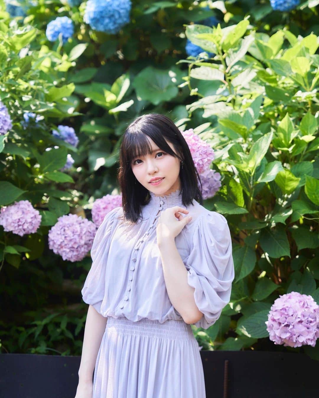 岩田陽菜のインスタグラム：「「ふわり愛」の時に一眼レフで撮って頂いたのが送られて来ました~！✨️💜  旅の途中に見つけた紫陽花と💠🌿 画質良っ！です」