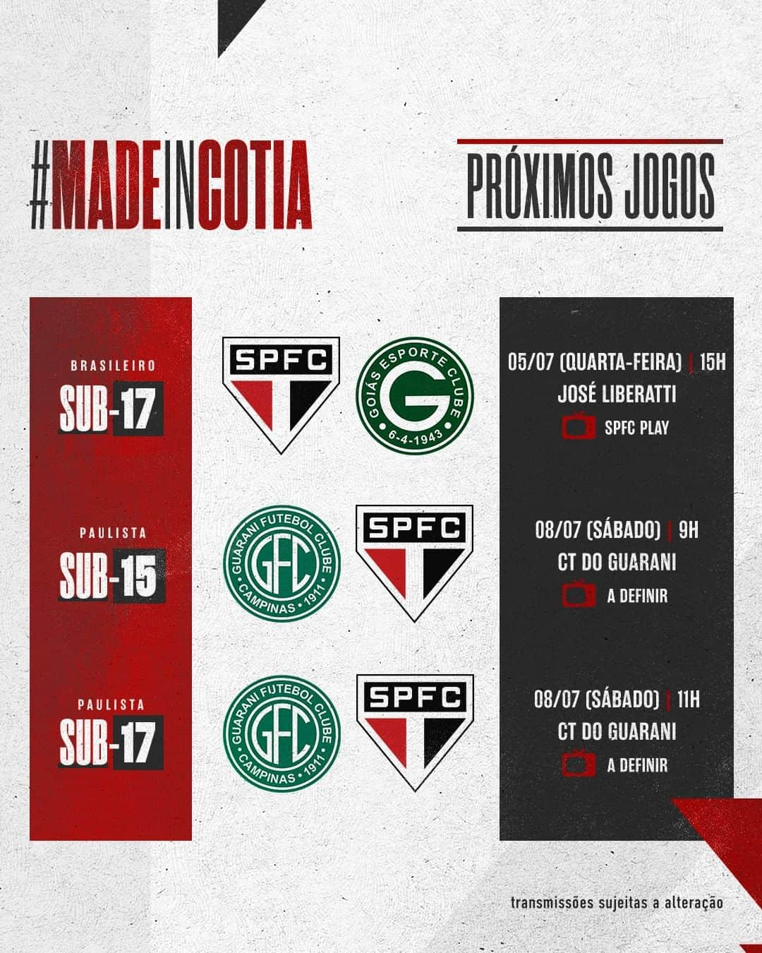 São Paulo FCさんのインスタグラム写真 - (São Paulo FCInstagram)「Próximos jogos da base:  🆚 Goiás 🏆 Brasileiro Sub-17 🗓️ 05/07 (quarta-feira) | 15h 📍 Osasco (SP)  🆚 Guarani  🏆 Paulista Sub-15 🗓️ 08/07 (sábado) | 9h 📍 Campinas  🆚 Guarani  🏆 Paulista Sub-17 🗓️ 08/07 (sábado) | 11h 📍 Campinas  #MadeInCotia #VamosSãoPaulo 🇾🇪」7月3日 23時00分 - saopaulofc