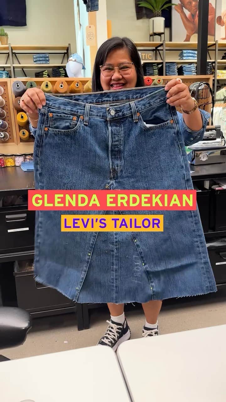 Levi’sのインスタグラム：「Meet Levi’s Tailor, Glenda Erdekian. In this episode of the Tailor Profile Series, get a behind the scenes look into how Glenda turns her 501 jeans into a skirt. ✂️🪡」