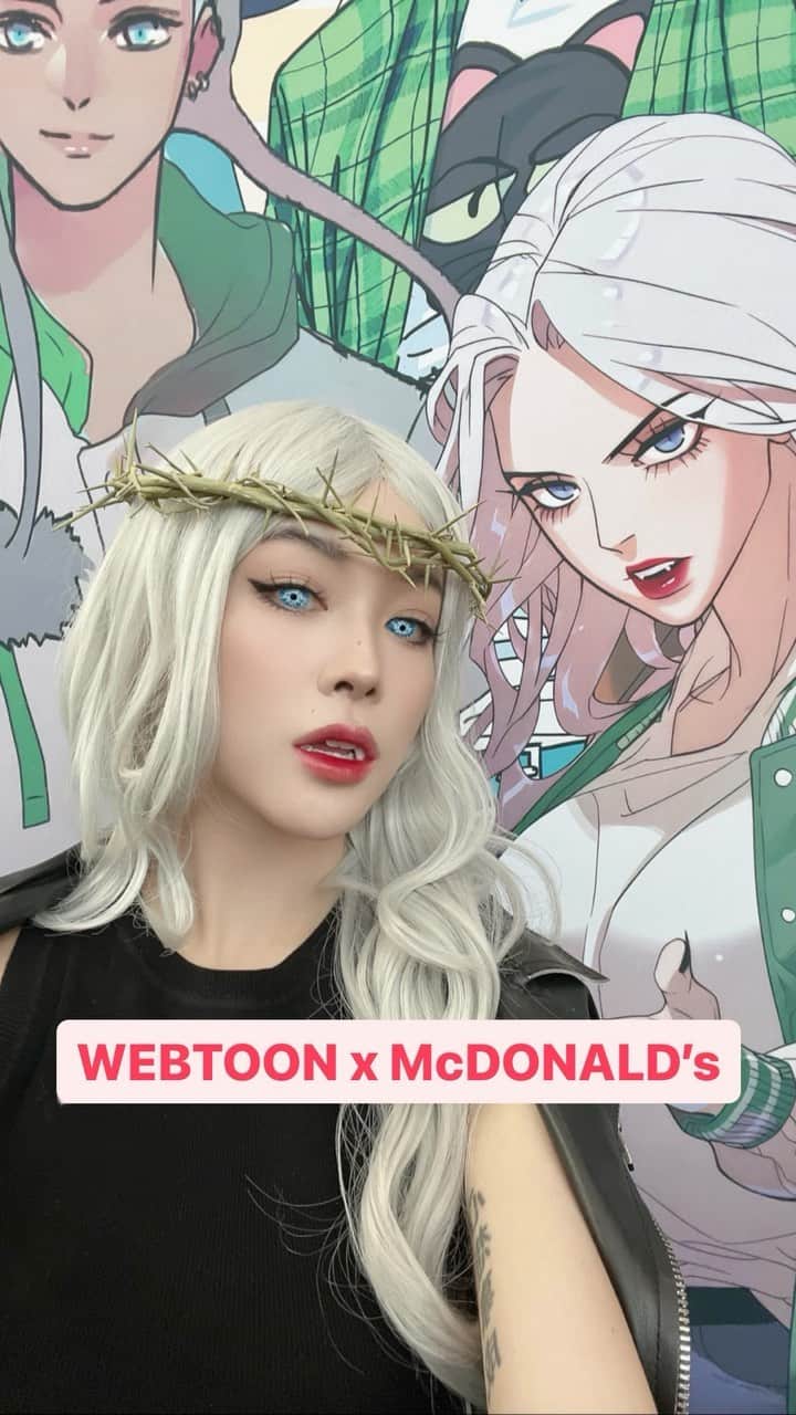 Emily Meiのインスタグラム：「My 2D dream come true!! The cutest @webtoonofficial x @mcdonalds booth ever, what WEBTOON series is your favorite?? My current fave is Unholy Blood so i cosplayed Hayan 🙈   #ad #McDxWEBTOON #AnimeExpo2023」