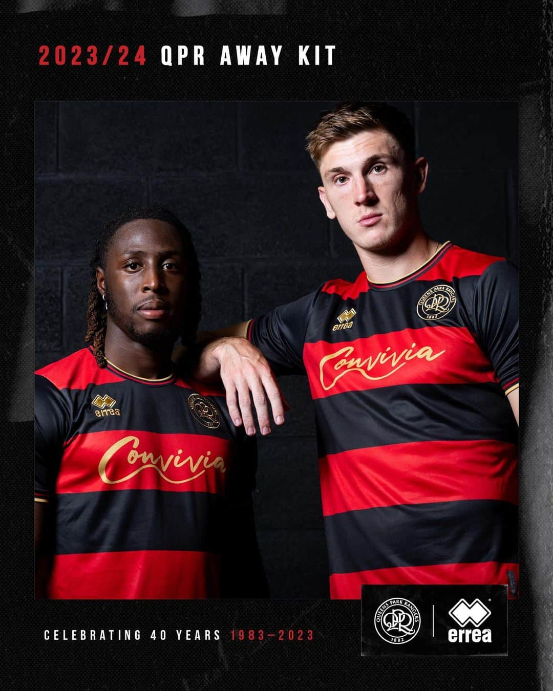 クイーンズ・パーク・レンジャーズFCのインスタグラム：「Bringing back the Menace 𝗔𝗪𝗔𝗬 👹   Our 2023/24 away kit ❤️🖤   @ErreaSport 𝙭 @werconvivia   #QPR | #ErreàSport | #WeRConvivia」