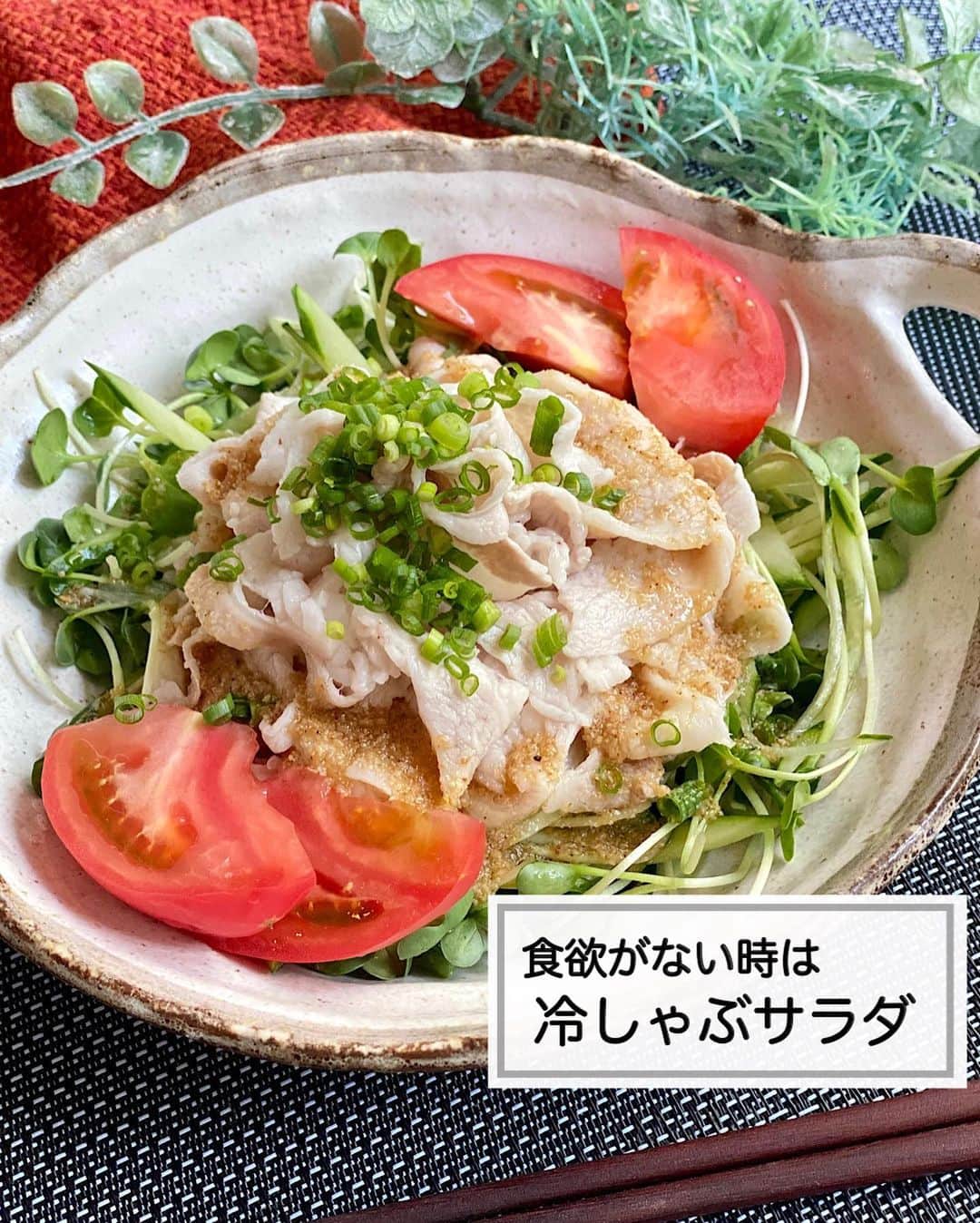 山本菜月のインスタグラム：「⁡ ⁡ ⁡ ┈┈┈┈┈┈┈┈┈┈┈••✼ 食欲がない時は 冷しゃぶサラダ ┈┈┈┈┈┈┈┈┈┈┈••✼ ⁡ ⁡ ⁡ こんにちは☀︎ なつき(@zubora_meshi_ )です✨ ⁡ 先日は、ストーリーでのアンケートに たくさんのご回答ありがとうございました🤍 ⁡ 一番おおかったメッセージが 「 さっぱりしたおかず 」 でした🤣👍 うんうんわかる〜💦 夏場は冷たい麺類ばかりになってしまう😗 ⁡ 色々と考案中ですが まずは王道の冷しゃぶサラダを🥗✨ お肉がパサつかないコツがあるんです👍 (知ってる人多いと思うけど🤣) ⁡ 手作りドレッシングのレシピ付きなので 良かったらお試しくださ〜い🥳 ⁡ ⁡ ⁡ ｡.ꕤ⌒⌒⌒⌒⌒⌒ꕤ⌒⌒⌒⌒⌒⌒ꕤ.｡ ⁡ ⁡ ⁡ 【2人分】 豚バラしゃぶしゃぶ肉 150g きゅうり 1本 かいわれ 1パック トマト 1/2個 ⚫︎しょうゆ 小さじ2 ⚫︎ごま油 大さじ1 ⚫︎お酢 小さじ1 ⚫︎砂糖 小さじ1 ⚫︎すりごま 大さじ1 ⁡ ※ドレッシングが少ないと感じた場合は 　⚫︎は倍量にする。 ⁡ 【作り方】 ①野菜は好きな大きさに切って 　氷水に浸しておき、器に盛り付ける前に 　水気をしっかりきる。 ②豚肉に片栗粉をまぶす。 ③沸騰したお湯に豚肉を入れサッと火を通す。 　ザルにあげ冷めるまで置いておく。 　冷たく食べたい場合は氷水で締めても◎ ④⚫︎を合わせ、器に持った野菜、豚肉にかける。  【メモ】 ドレッシングは少なめの分量です。 味がボケるので、キッチンペーパーやサラダスピナーなどを使用し野菜の水気をしっかり切ってください。 ⁡ ⁡ ⁡ ｡.ꕤ⌒⌒⌒⌒⌒⌒ꕤ⌒⌒⌒⌒⌒⌒ꕤ.｡ ⁡ ⁡ 最後までご覧頂きありがとうございます。 是非、食レポを聞かせてくださると嬉しいです♡ ⁡ ＊NATSU KITCHEN ＊」