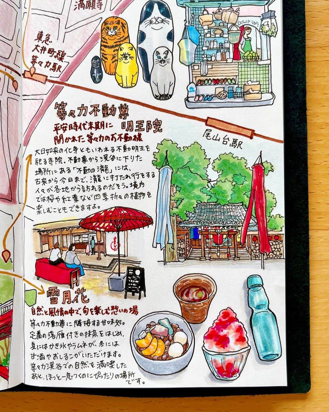 chintai_lifeさんのインスタグラム写真 - (chintai_lifeInstagram)「#住んだら手帳 第113弾は『#パワースポットがある街』 #等々力 ✨他の街はこちら👉@sundara_techo ⁡ 等々力は東京23区内でありながら、自然豊かで落ち着いた雰囲気の街。 ⁡ 駅から少し歩けば「等々力渓谷」に行くことができ、春には桜、夏には新緑など四季折々の自然を身近に感じることができます🌳 ⁡ 緑に囲まれてリフレッシュしたい、日々のお散歩を楽しみたいという人にはぴったりの街ですよ！ ⁡ ちなみに「等々力」の地名は、等々力不動尊から渓谷に下りた場所にある「不動の瀧」が「轟いた」音にちなんでつけられた、という言い伝えがあるのだそう。 ⁡ 駅を挟んで南北に広がる「等々力商店街」には、畳屋さんをリノベーションしたケーキ屋さん「Mountain Hut」や、老舗のクリーニング屋さんなどがあり、地元の人々に親しまれています🍰 ⁡ 商店街を中心に、「七夕プレゼントラリー」やプロミュージシャンによるパフォーマンスが行われる「おどろきとどろき祭り」など、季節にまつわる地域のイベントも定期的に開催されるので、要チェック🎋✨ ⁡ コンビニの数は少ないものの、駅の近くにはドラッグストアや24時まで営業しているスーパー、100円ショップなどがあるので、生活用品を買うのには困りません。 ⁡ #等々力駅 には #東急 #大井町線 が通っており、渋谷駅まで20分、新宿駅まで36分ほどと都心へのアクセスがいいのも魅力✨ ⁡ 少し距離はありますが、駅から27分ほど歩けば自由が丘駅に、29分ほど歩けば二子玉川駅に行くことができるので、お散歩がてら足をのばしてみるのもいいですね♩ ⁡ __ ⁡ そんな等々力のランドマークは、 ⁡ 東京23区唯一の渓谷 #等々力渓谷 　　 武蔵野台地の南端を谷沢川が侵食してできた渓谷。ケヤキやコナラなどの樹木が一面に生い茂り、夏でもひんやりとした空気が流れます。都内とは思えない自然の中でお散歩を楽しんでみては？ ⁡ 🚃東急 大井町線/等々力駅より徒歩3分 __ ⁡ 👇等々力のおすすめスポットはこちら✨ ⁡ 平安時代末期に開かれた等々力のお不動様 #等々力不動尊 明王院 ⁡ 大日如来の化身ともいわれる不動明王を祀る寺院。不動尊から渓谷に下りた場所にある「不動の瀧」には、古来から今日まで瀧に打たれ行をする人々が各地から訪れるのだそう。境内では桜や紅葉など四季折々の植物を楽しむこともできますよ。 ⁡ 🚃東急 大井町線/等々力駅より徒歩8分 ⁡ 自然と風情の中で、旬を楽しむ憩いの場 #雪月花 🍵 ⁡ 素材の味を大切にした、手作り料理やデザートがいただけるカフェ。月替わりのランチプレートは、地元・田無をはじめ長野県、茨城県の食材を使った人気メニュー。コーヒーは豆本来の味わいを引き出すため、焙煎前後に2度のハンドピックを行っているのだそう。こだわりの味をぜひ、味わってみてください。 ⁡ 🚃東急 大井町線/等々力駅より徒歩7分 ⁡ 季節のフルーツを使ったケーキが魅力の洋菓子店 Mountain Hut 🍰 　　 旬のフルーツをふんだんに使用した色とりどりのスイーツと、淹れたてのハンドドリップコーヒーがいただけるお店。おすすめは、「レモンケーキ」。レモンピールの酸味と香り、ホワイトチョコレートの甘味が絶妙でお土産にもぴったりです。 ⁡ 🚃東急 大井町線/等々力駅より徒歩3分 ⁡ 雑誌「Hanako」がプロデュースする駅ナカ売店 Hanako Stand Todoroki 📚 　　 “毎日に、ちょっとよい未来の選択を”というコンセプトを掲げており、ロスフラワーを使ったブーケや、洗剤を使わず水だけで汚れを落とせるブラシなどサステナブルなアイテムが集まります。駅のホームにあるので、電車を待つちょっとした時間や通勤・通学の途中など、日常的に立ち寄れる場所です。 ⁡ 🚃東急 大井町線/等々力駅ホーム内 __ ⁡ illustrations by おふみ(@ofumi_3) ⁡ 本企画では、あの街に「住んだら？」をテーマに手書きのイラストマップを手帳に一発書きして紹介していきます📖✨実際にMAPに登場するお店や街を訪れたら、 #住んだら手帳 をつけて写真を投稿してね📷！ ⁡ ※新型コロナウイルスの感染拡大防止のため、営業時間の変更・休業の可能性があります。お出かけの際は公式サイト等でご確認ください ⁡ #travelersnotebook #midoritravelersnotebook #トラベラーズノート #MountainHut #Hanako」7月4日 17時27分 - sundara_techo