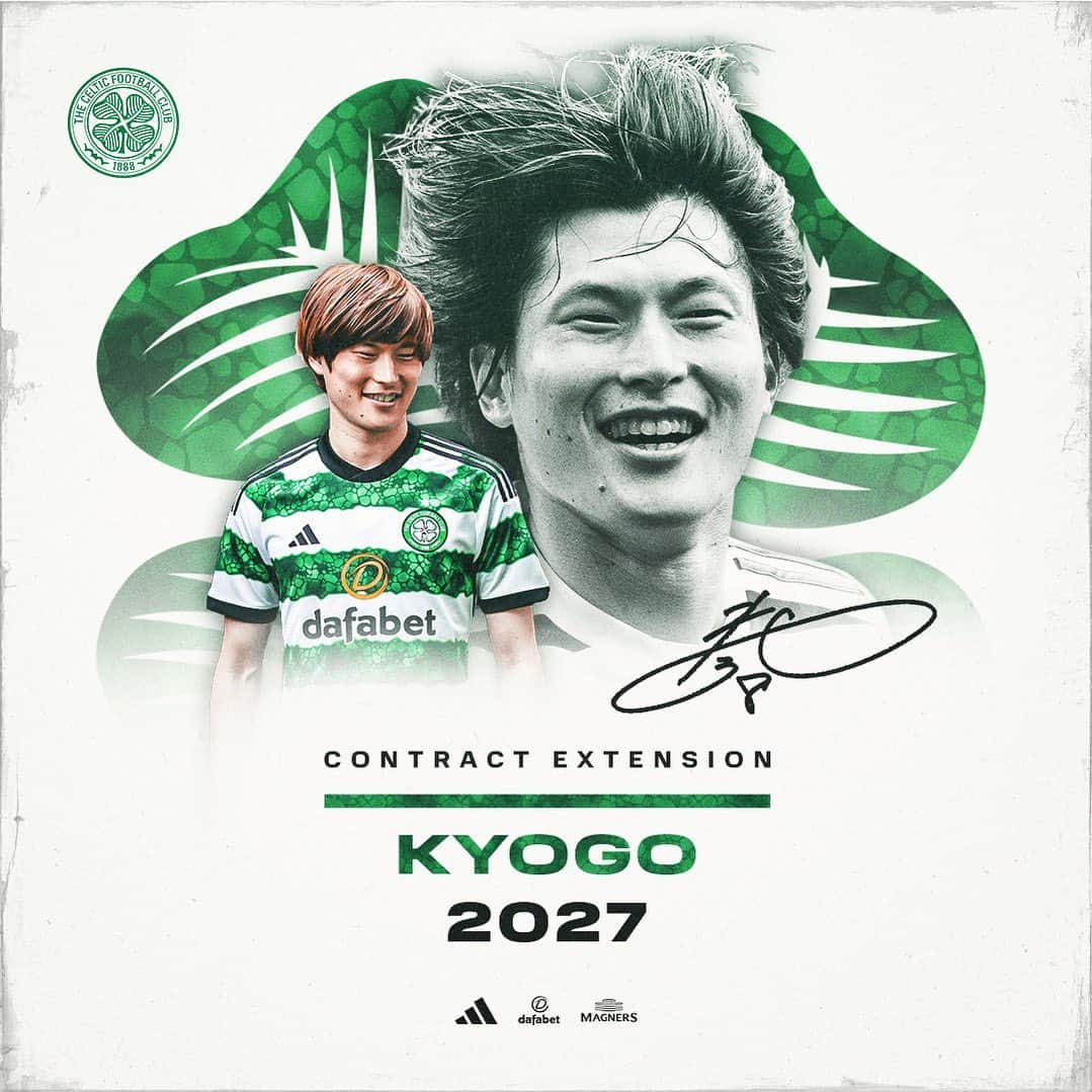 古橋亨梧のインスタグラム：「🙆‍♂️ #KYOGO2027 🙆‍♂️  We are delighted to announce that our Treble-Winning talisman, @kyogo_furuhashi has signed a new four-year deal with the Club! 💚🇯🇵  #CelticFC🍀」