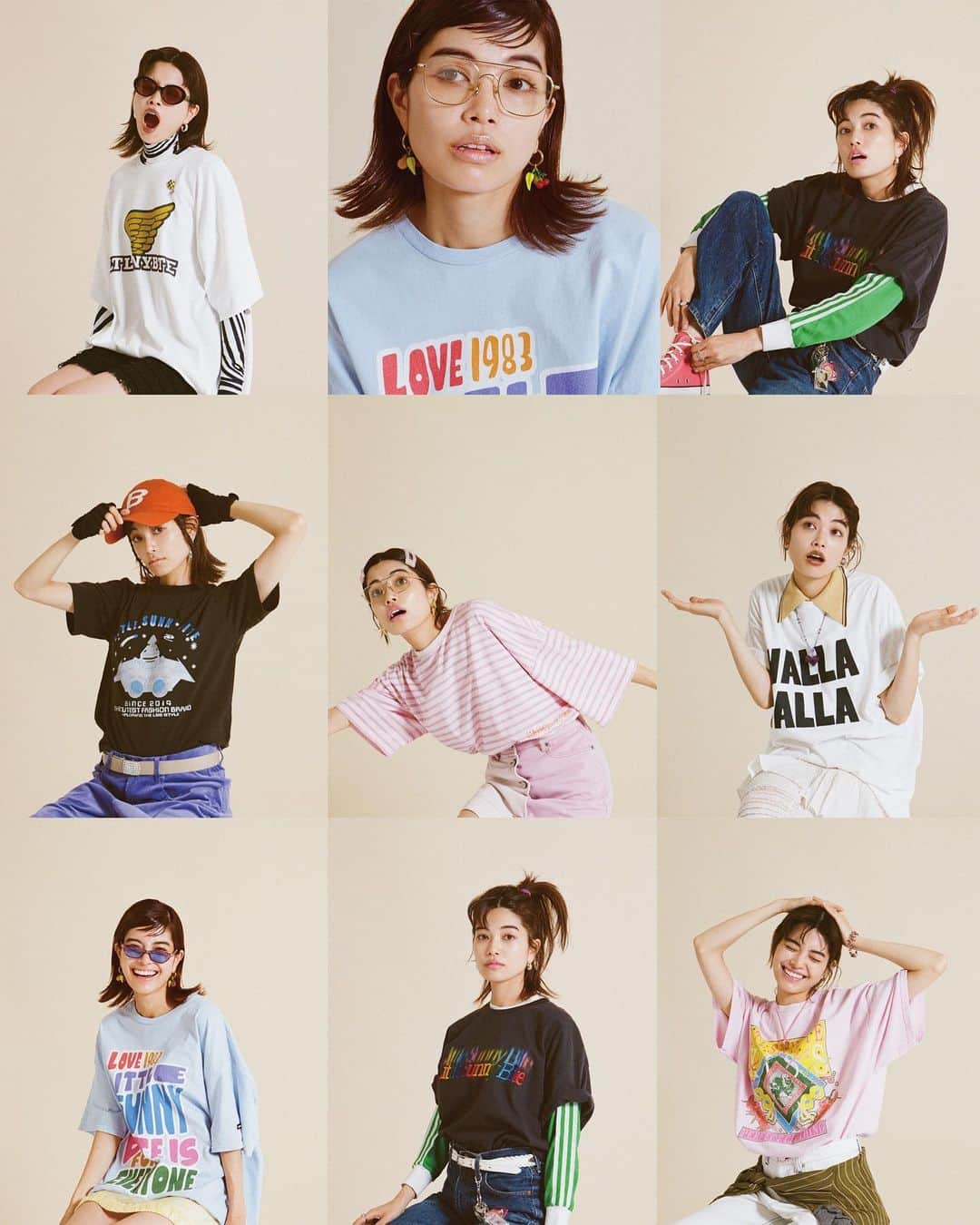 のインスタグラム：「new tee collection is just landed online!!!!!!!!@littlesunnybitestyle のTシャツ達👕🩷 1枚でも存在感あるし涼しくなったら重ね着も楽しめるようなイメージでこの夏もたくさん作りました🫶  風合いはもちろん、加工を入れてみたり... サイズ、シルエットはアイテムそれぞれ変えていますので、 HPのアイテムページの着用写真とサイズをご覧下さい🙏 これから夏本番だし可愛いTシャツで夏を楽しんでね🥳✨ #littlesunnybite」