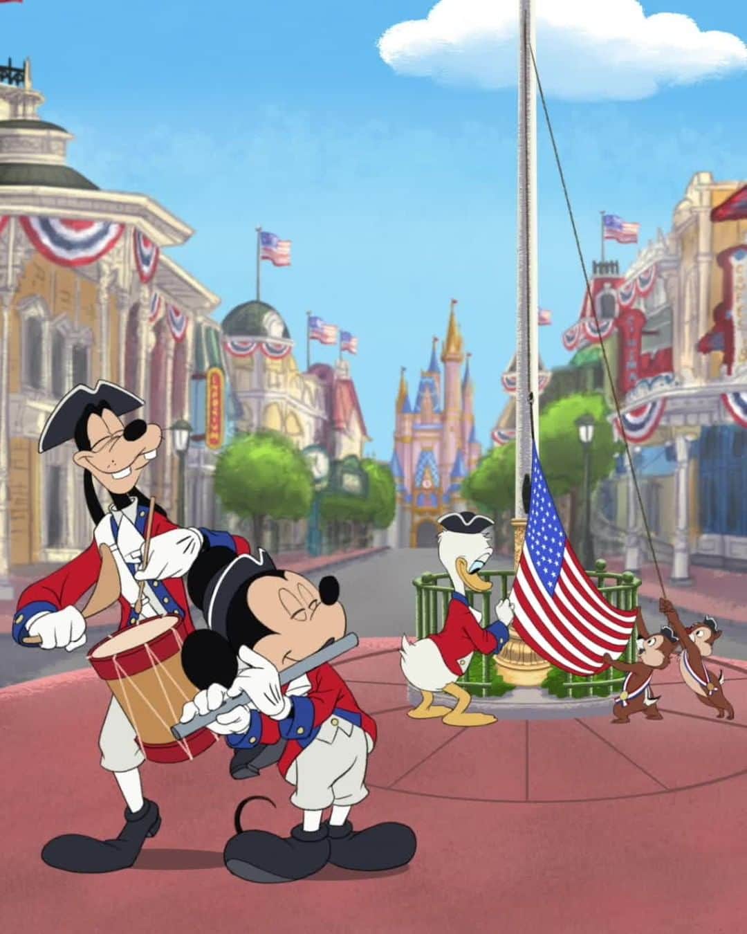 Walt Disney Worldのインスタグラム：「Happy July 4th! Help your patriotic pals raise the red, white & blue then drop a 🇺🇸 in the comments to celebrate!」