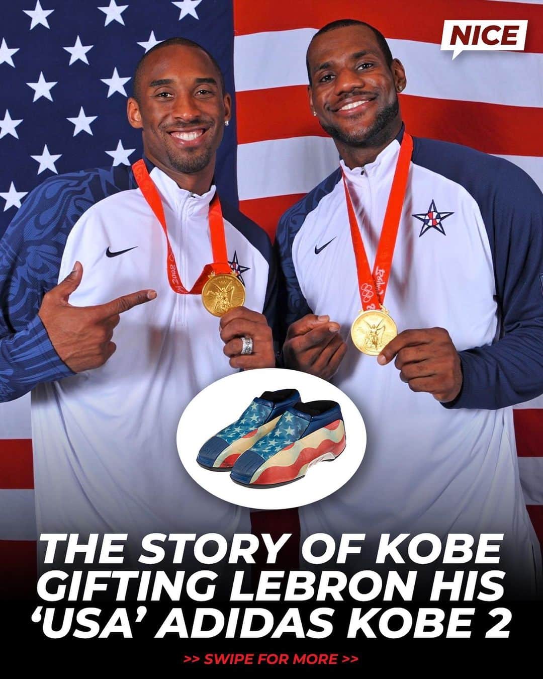 Nice Kicksさんのインスタグラム写真 - (Nice KicksInstagram)「Swipe through for the story behind Kobe Bryant gifting LeBron James his super rare “USA Flag” adidas Kobe 2s 🇺🇸 @nicekicksvault」7月5日 2時07分 - nicekicks