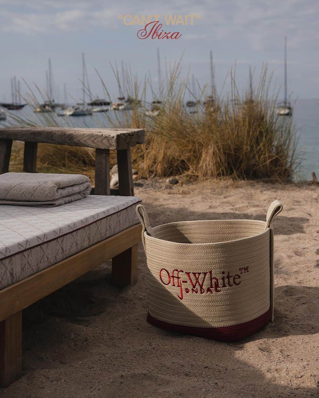 OFF-WHITE C/O VIRGIL ABLOHのインスタグラム：「Off-White™ takes over Casa Jondal  employing natural materials adorned with signature Jondal-red stitching and the collection’s "CAN’T WAIT" graphics, the capsule channels the summer mood on one of the world’s most renowned islands  — Cala Jondal s/n, 07839, Illes Balears, Spain」