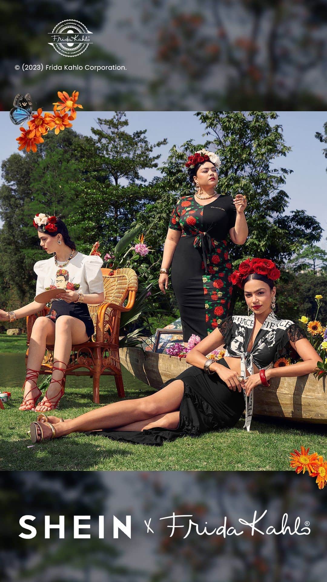 SHEINのインスタグラム：「Step into the magical world of Frida Kahlo 🌺✨ Her iconic flower crown, palms, leafy trees, birds and vivid colors in her art were metaphors that expressed her deepest experiences and emotions. 🎨🌿 Embark on a journey full of meaning and style with SHEIN x Frida Kahlo collection! 🌹 @sheinx__official  🔗:https://shein.shop/ouiwbs6  #SHEINxFridaKahlo #FridaKahlo #SHEIN #SHEINforAll #SHEINX」