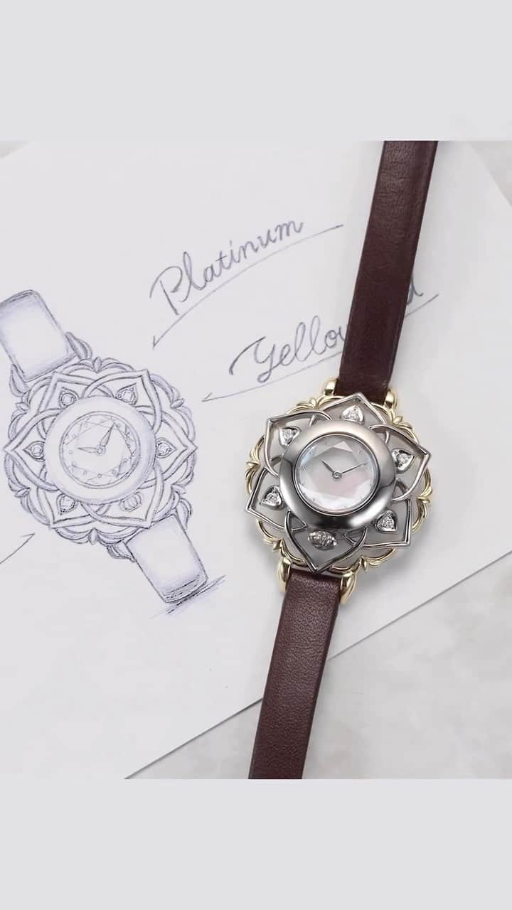 ケイウノのインスタグラム：「【Jewelry with Watch　―メイキングMOVIE―】  時計を取り入れたジュエリーアイテムの新しい提案 あなたらしく、自由に、大胆に――  誕生花である“マドンナリリー”をモチーフにしたジュエリーウォッチ。 繊細な透かし模様でデザインされたお花には、メレダイヤを6ピース配し華やかさをプラスしています。  「純粋」という花言葉に“どんな時も素直な気持ちで物事を観察し、良い作品を生み出していけるように…”という願いをこめて、自身のお守りとしてオーダー。  #kuno #kunojewelry #ケイウノ #ケイウノジュエリー」