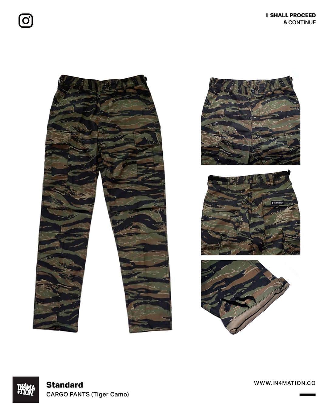 のインスタグラム：「Standard Cargo Pants in Tiger Camo restock tomorrow!   Wednesday July 5th 8AM HST   www.In4mation.co  Local pick up @slashershi   #hawaiioriginals #in4mation #og #standard #tigercamo #slashershi #cargopants」