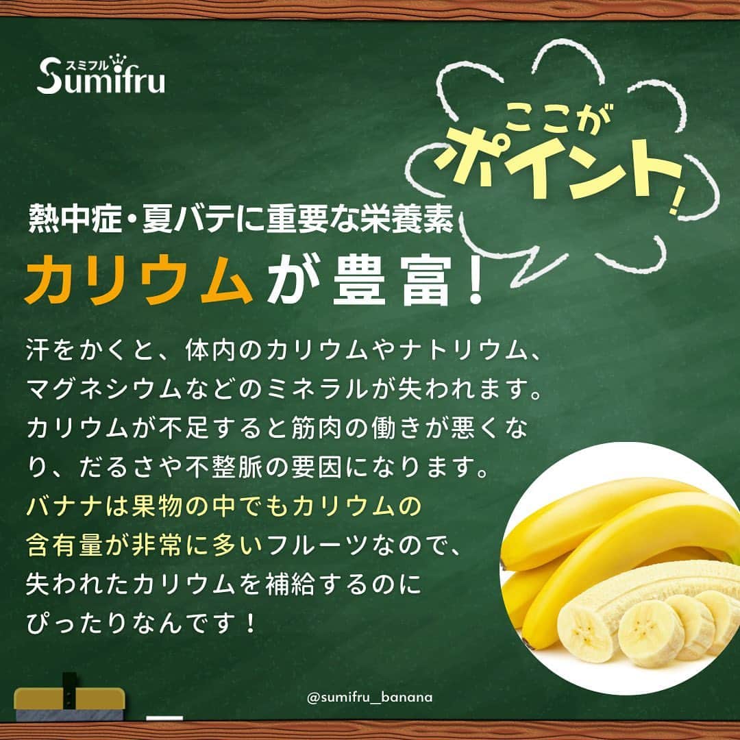 Sumifruさんのインスタグラム写真 - (SumifruInstagram)「教えて💭甘熟王🍌👑『熱中症予防にバナナがオススメって本当？？？』  連日暑い日が続くようになり、今年も暑さへの対策が欠かせない時期になりましたね。 今回は、暑〜い夏に知っておきたい熱中症とバナナの関係についてご紹介します☀️ 実は、バナナは夏に食べると嬉しいことづくしのフルーツ🍌 もっとバナナに詳しくなってほしいので、ぜひ最後まで読んでみてくださいね👓  ✨バナナには熱中症・夏バテに重要な栄養素『カリウム』が豊富に含まれています✨  夏はたくさん汗をかきますよね。汗をかくと、体内のカリウムやナトリウム、マグネシウムなどのミネラルが失われます。 そうしてカリウムが不足すると、筋肉の働きが悪くなり、だるさや不整脈の要因になってしまうことも😵  そんな時、バナナが大活躍！ バナナは果物の中でも、カリウムの含有量が非常に多く、失われたカリウムの補給にぴったりの食べ物です。  また、熱中症予防には水分補給が重要ですが、水だけを摂取していると血液中のミネラル濃度が低くなり、熱中症を引き起こす原因になります。バナナは、カリウム、マグネシウムが多く含まれているため、熱中症予防が期待できます。だるい、力が入らないなど夏バテ症状もミネラル不足が原因になっていることもあるため、夏バテ予防にもおすすめです！  さて、バナナは暑い夏にこそ意識して食べたいフルーツという事がお分かりいただけましたか？🌈 夏にバナナを意識して食べていただけたらとっても嬉しいですが、バナナを食べても暑さの厳しい日に無理をするのは禁物です🍌🙅 無理はせず、楽しんで夏を乗り越えましょう🍌  #バナナ #教えて甘熟王 #熱中症 #夏バテ #豆知識 #フルーツ #カリウム #熱中症予防 #水分補給 #応援団 #夏のフルーツ #旬のフルーツ #甘熟王ゴールドプレミアム #甘熟王 #スミフル」7月5日 14時57分 - sumifru_banana