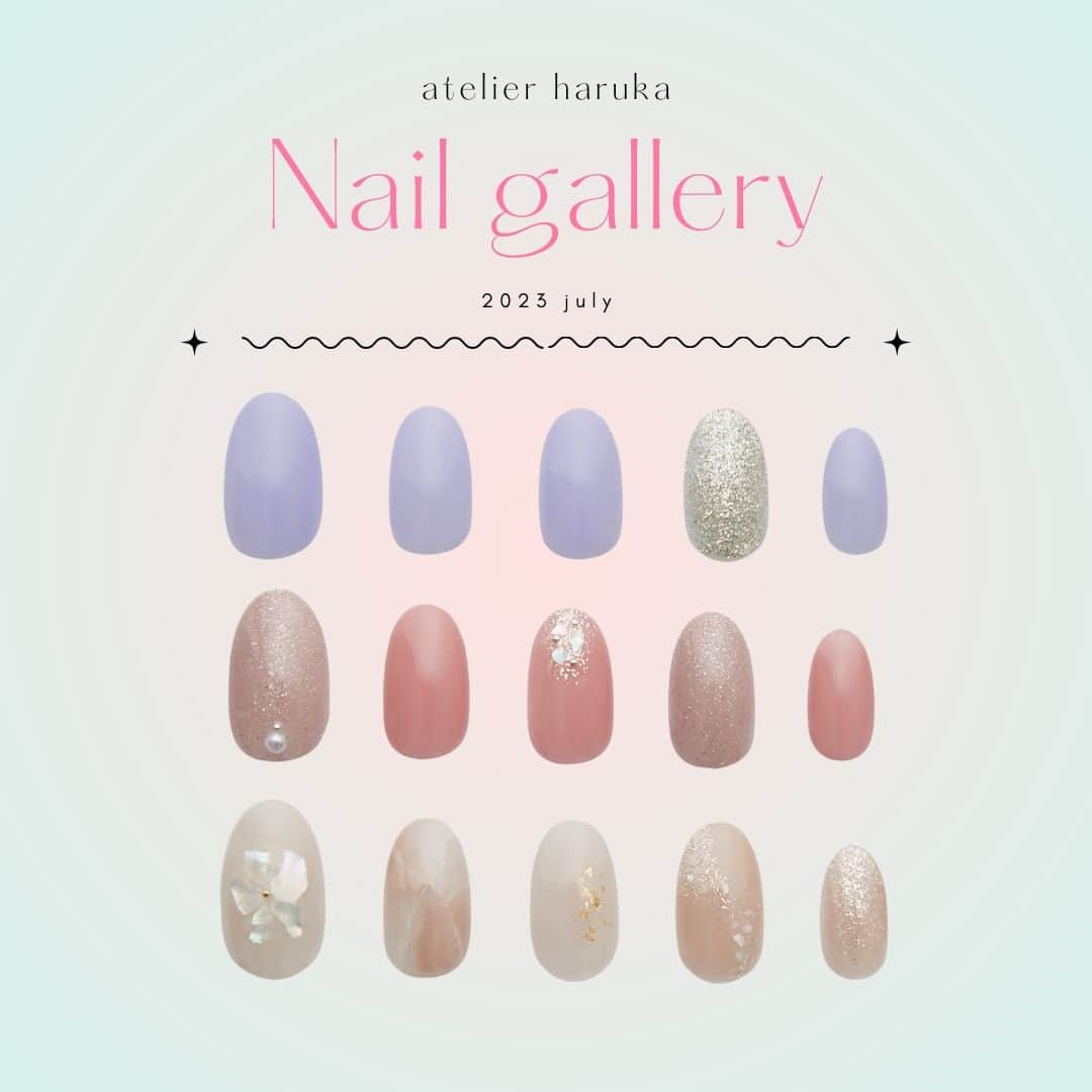 ヘアメイク&ネイル専門店 アトリエはるかのインスタグラム：「🩵 new nail design 🩵 毎月ネイルデザイン更新中💅7月のデザインを一部紹介いたします！ 好きなデザインありますか？🩵 https://www.haruka.co.jp/gallery/nail/  #nail #ネイル #ネイルカタログ #ネイルデザイン #オーロラ #atelierharuka #アトリエはるか」